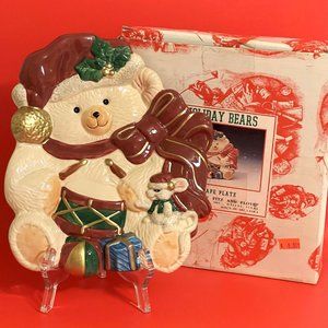 Vintage Fitz & Floyd Holiday Teddy Bear Canape Christmas Cookie Plate 9"